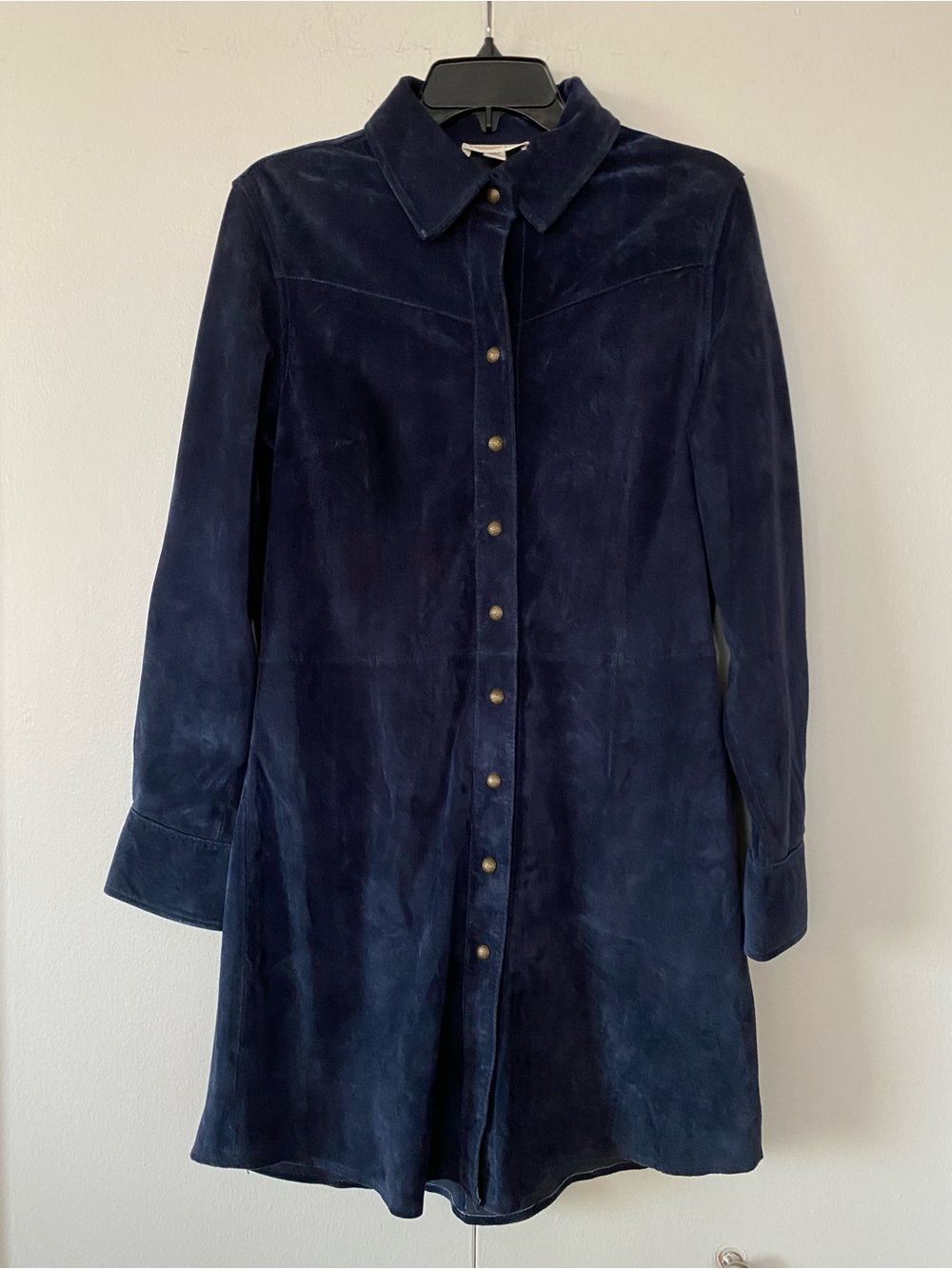 Cold water Creek Blue Leather Suede Dress Medium Snap Gold Buttons Knee Length